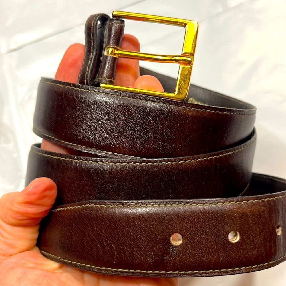 Lejon men’s 42 BROWN GLAZED ANILINE steerhide BELT fits 39-43” vtg  BRASS BUCKLE